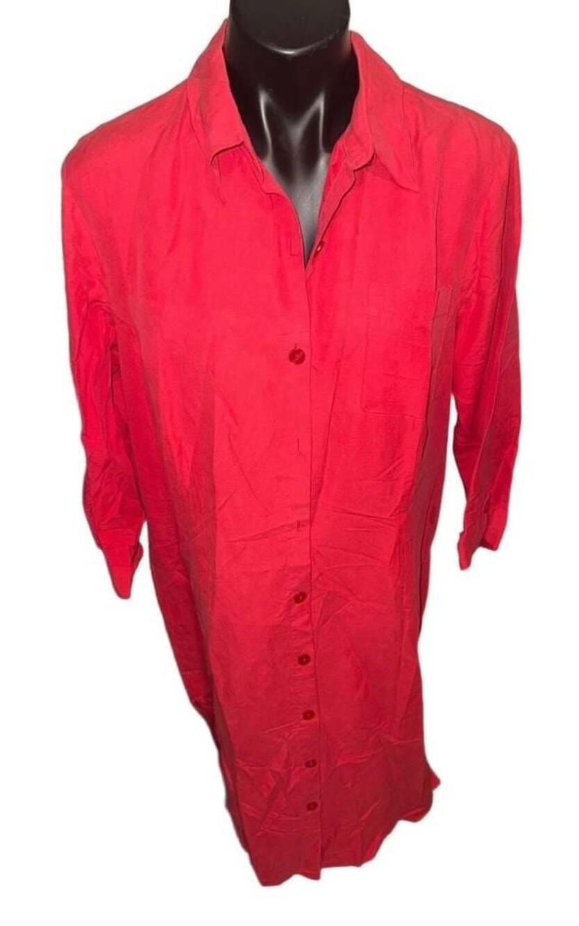 Coldwater Creek Red Silk Blend Long Sleeve Button Up Shirt Dress Size 14